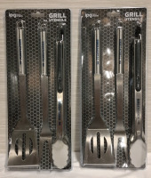 2 New Sealed BBQ Tool Sets | Includes - Spatula, Tongs & Large Fork | Material- Stainless Steel | Spatula Height - 13.6"