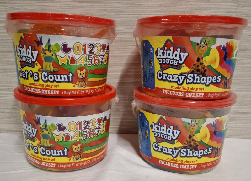 4 New Kiddy Dough Modeling Play Sets | Types: Let's Count & Crazy Shapes | Each Box Height: 3.8"