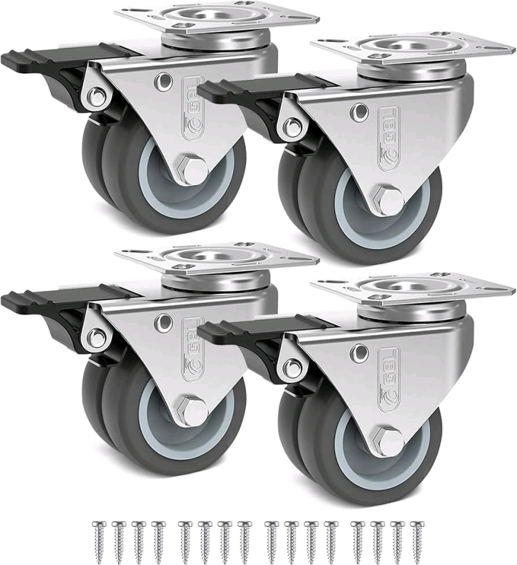 New in Box Set of 4 GBL Heavy Duty Swivel Casters with 4 Brakes + Screws - 50mm up to 200kg. Model BLK1-50mm