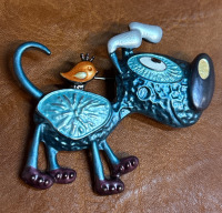 Adorable Puppy Brooch With Enamel Blue Black Finish with Small Bird on Back Approximately 2.2 x 2.5 Inch