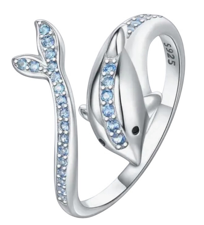 New S925 Sterling Silver Blue Dolphin Ring Adjustable Open Design Zirconia Stones Stamped