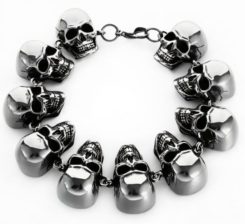 Retro Titanium Steel 10 Skull Head Bracelet Sturdy with Lobster Clasp Approximately 8.5 Inch