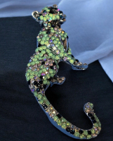 Beautiful Cheetah Brooch Shing with Opaque Light Green Stones AB Purple Rhinestones and Black Approximately 2.75 x 1.18 Inch