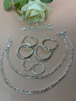 3 Pair Hoop Puerced Earrings Mariner Link Necklace Bracelet Set Sizes in description