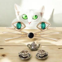Cat Brooch Minimalist Green Rhinestone Eyes / Miniture Tea Cup Teapot Dollhouse Set