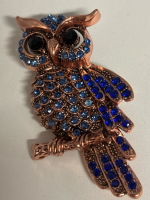 Elegant 18K Plated Owl Brooch with Sparkling Blue Rhinestones Approximately 2.5 Inch
