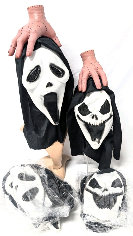 7 New Cowl-Style Halloween Masks (4&times; Ghost Face, 3&times; Reaper) One Size Fits Most Youth/Teens + 2 Life-Size Addams Family "Thing"-Style Hand Figures