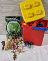 Vintage to Modern Toys - Duplo Blocks with Container, New Green Lantern Figure & Plastic Animals
