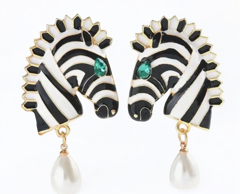Statement Zebra Drop Earrings with Faux Pearl Accents 14K Golden Plated Copper Featuring Green Zirconia Stones Stainless Steel Ear posts Approximately 2.4 Inch drop