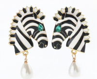 Statement Zebra Drop Earrings with Faux Pearl Accents 14K Golden Plated Copper Featuring Green Zirconia Stones Stainless Steel Ear posts Approximately 2.4 Inch drop
