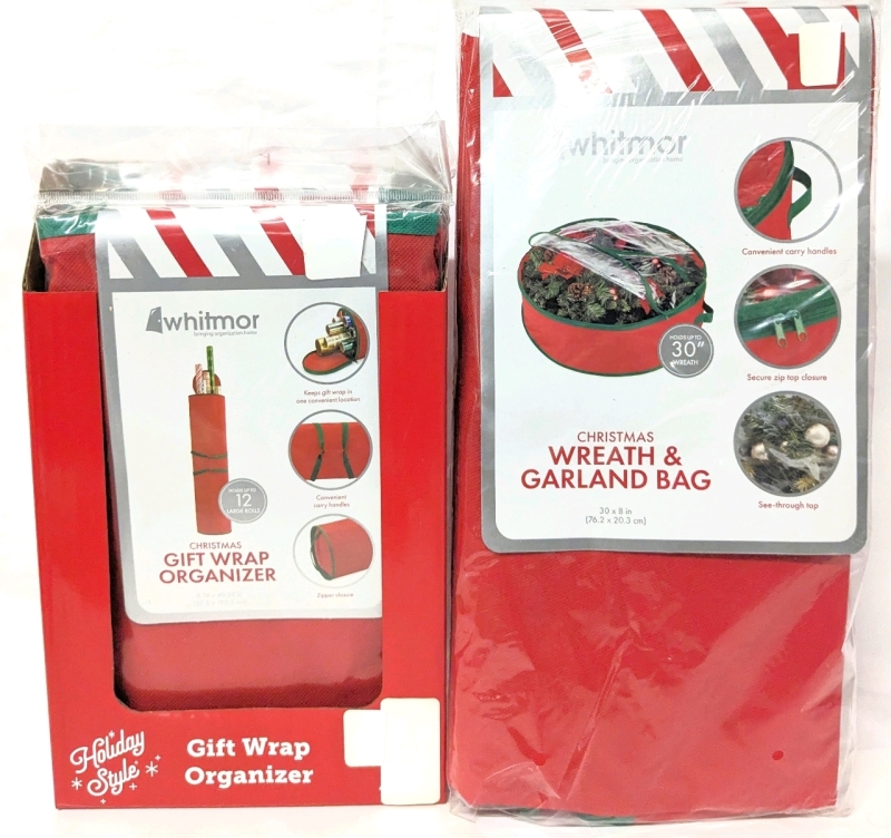 3 New WHITMOR Gift Wrap Organizers (8.74" &times; 40.25" / Holds Up To 12 Large Rolls) + New WHITMOR Christmas Wreath & Garland Bag (30" &times; 8")