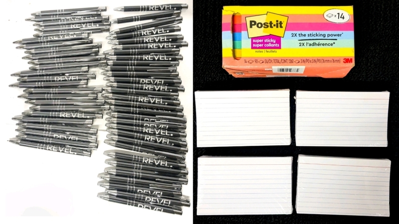 New 14-Pack POST-IT Super Sticky Notepads 3" &times; 3", 400 New Oxford Ruled Index Cards 3" &times; 50 New REVEL. Black Ink Ballpoint Pens