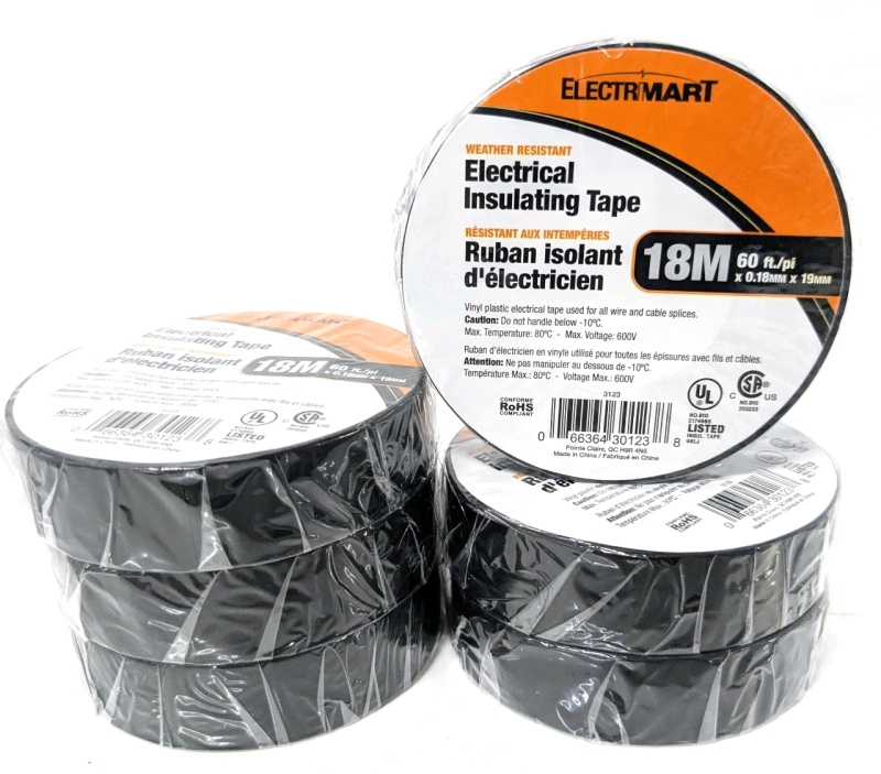 6 New Rolls ELECTRMART Vinyl Plastic Electrical Insulating Tapes - 18 Meters/ 60' &times; 0.18mm &times; 19mm
