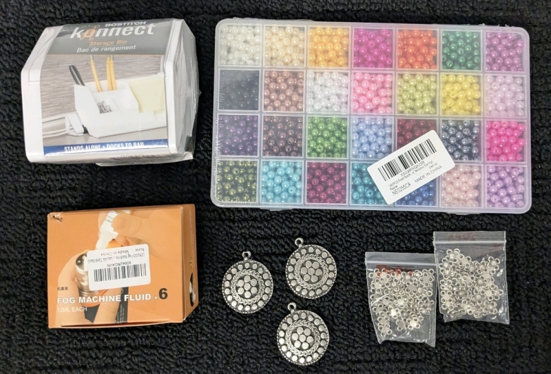 New BOSTITCH Konnect Storage Bin, 1950pc Pearl Bead Set (28 Colours), 6-Pack Fog Machine Fluid Bottles (12ml* ea), 3 Hammered Metal Mendala Pendants (1.3" Diameter) + 2 Bags Flower Connector Charms (Approx 100pcs Total)