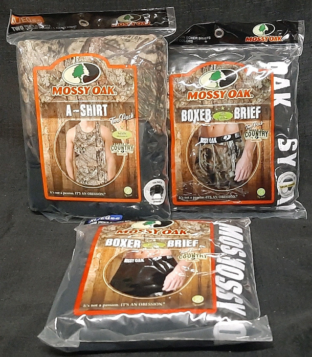 New Mossy Oak XL Forest Camo A-Shirts (2), XL Forest Camo Boxer Briefs (2) & XL Black Boxer Briefs (2)