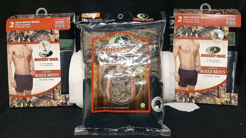 New Mossy Oak S Size Camo Print A-Shirts (2) & 2 Mossy Oak S Size Assorted Color Boxer Briefs (2)