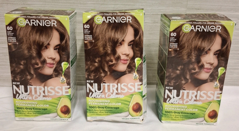 New 3 Garnier New Nutrisse Ultra Creme Hair Color | Shade 60 Light Natural Brown | Vegan Formula | Retails $84 | Box Measurements: 6.6" &times; 4" each<br/>