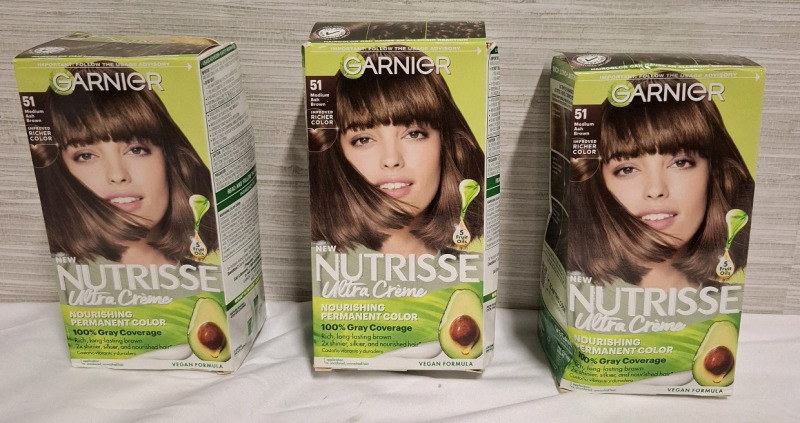 New 3 Garnier New Nutrisse Ultra Creme Hair Color | Shade 51 Medium Ash Brown | Vegan Formula | Retails $84 | Box Measurements: 6.6" &times; 4" each