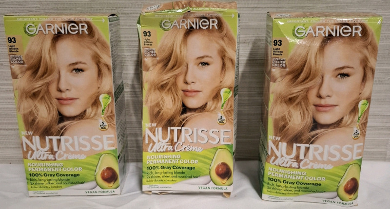 New 3 Garnier New Nutrisse Ultra Creme Hair Color | Shade 93 Light Golden Blonde | Vegan Formula | Retails $84 | Box Measurements: 6.6" &times; 4" each