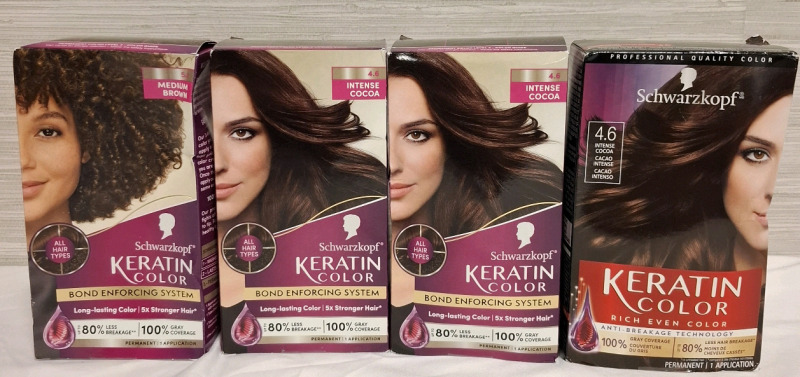 New 4 Schwarzkopf Keratin Color Permanent Hair Color Cream, Shades: 4.6 Intense Cocoa (3 boxes) & 5.6 Medium Brown (1 box) | Retails: $35 each box | Box Measurements: 6.6" &times; 4" each<br/>