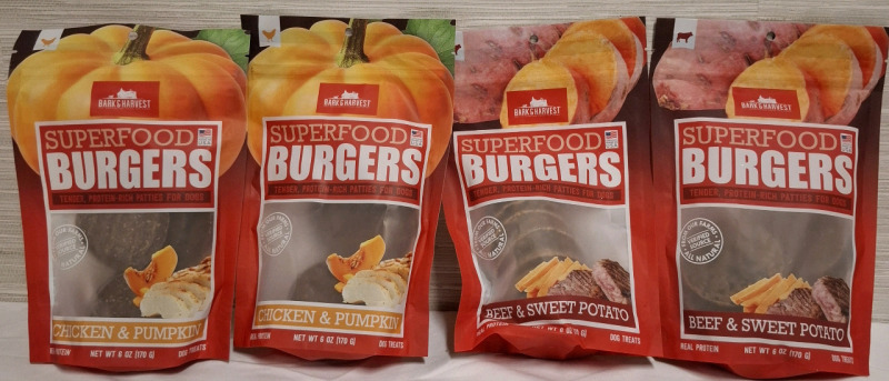 New 4 BARK & HARVEST Superfood Burgers for Dogs | Tender & Protein Rich Patties l Flavors: Chicken/Pumpkin (2 packets) & Beef/Sweet Potato (2packets) | NT WT 6 oz each | Best Before 20 March 2026