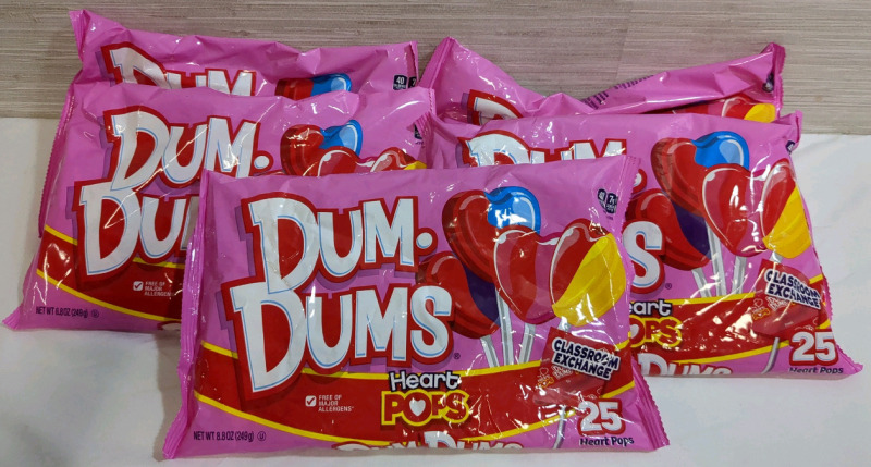 5 New Bags Dum-Dums Heart Pops Candy, 25 count per bag