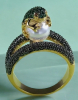 Frog Ring Set with Emerald Green Rhinestones Resting on Imitation Pearl Double Band Size 8.5 - 2