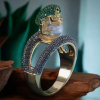 Frog Ring Set with Emerald Green Rhinestones Resting on Imitation Pearl Double Band Size 8.5 - 3