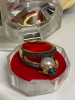 Frog Ring Set with Emerald Green Rhinestones Resting on Imitation Pearl Double Band Size 8.5 - 5