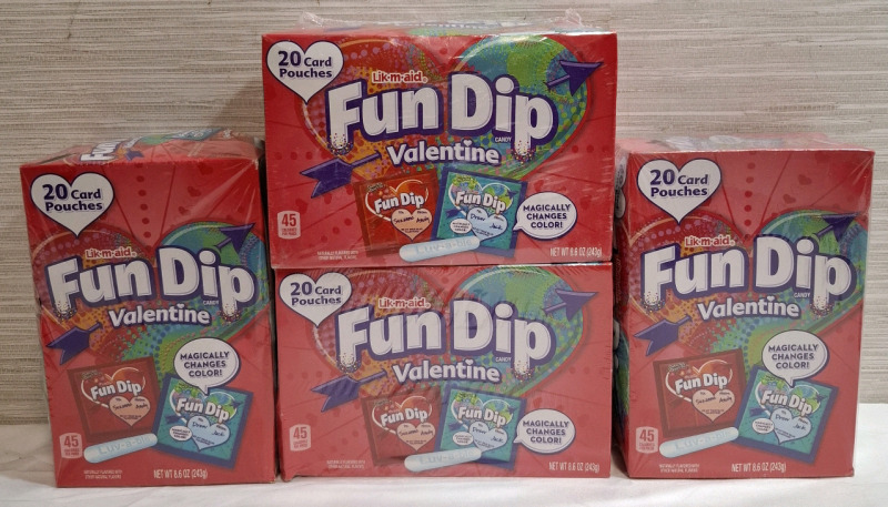 4 New Lik-m-aid Fun Dip Candy Boxes | 20 Card Pouches per box | Net WT 8.6 oz | Box Measurements: 7.8" X 5.5" | Best Before - March 2026