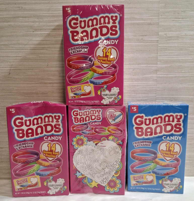 New 4 Gummy Bands Candy Boxes | NT WT- 7.4oz per box | Measurement: 8" X 4.5" | 14pcs Gummy Band Pouches per box | Best Before- 01 July 2024