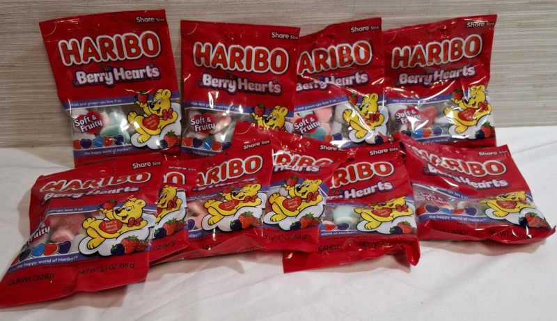 New 10 Haribo Berry Hearts Gummi Candy Packets | Net WT 3.1oz | Measurements- 7.8" X 5.5" | Best Before 02/2026