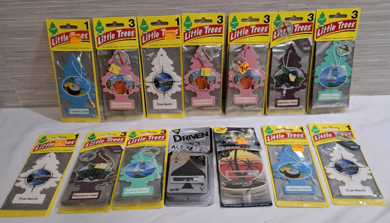 New 14 Assorted Air Freshers | Brands: 12 Little Trees, 1 California Scents & 1 Driven | Measurements: 7.8" X 3" (Little Fresh packet)