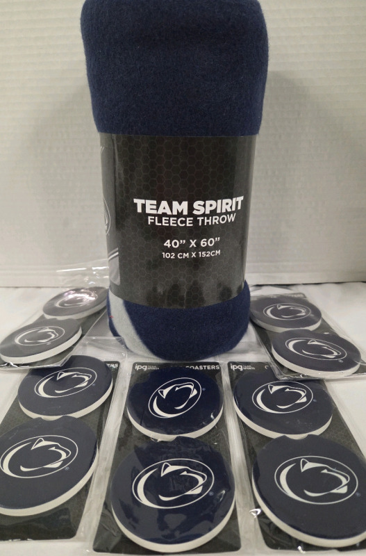 5 New | Penn State Nittany Lions Team Spirit Lot | (1) 40" x 60" Fleece Throw & (10) Car Coasters