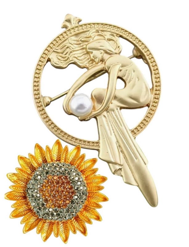 Vintage Inspired Matte Golden Brooch Glass Mosaic Elegant Meditation Design Lady Holding Faux Pearl Approximately 2.2 x 1.40 Inch / Cheerful Rhinestone Sunflower Brooch 1.5 Inch
