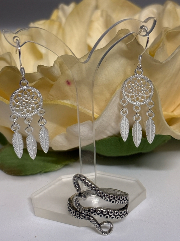 925 Silver Earrings Dream Catcher Sheppard Hooks <br/>Approximately 2 Inch Drop Brutalist Style Octopus Ring Adjustable