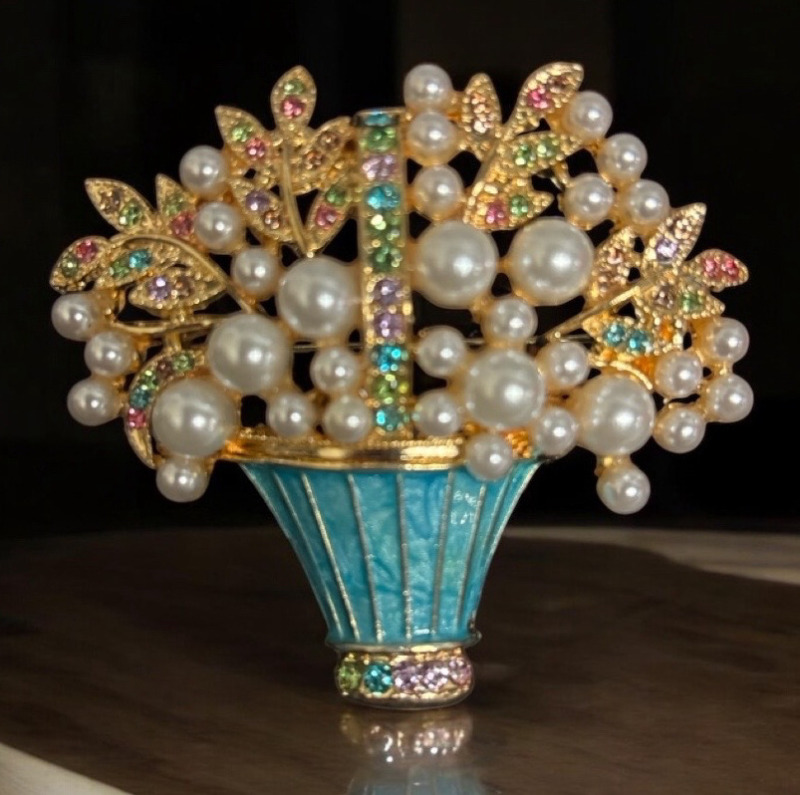 Medieval-Style Glazed Flower Brooch with Rhinestone Accented Leaves Teal Enamel Vertical Bars & Rhinestone Base Approximately 2.35 x 2.6 Inch