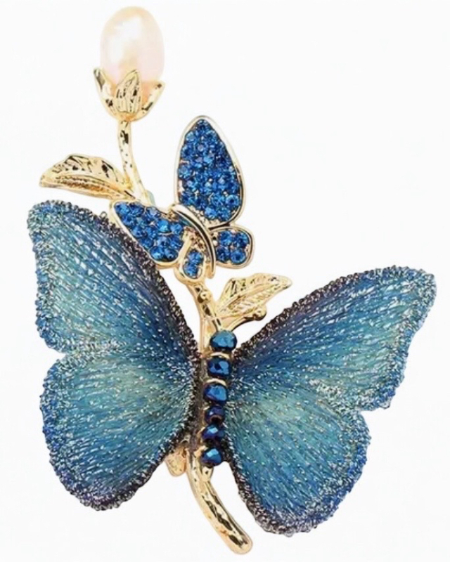 Elegant Fluttering Embroidered Cloth Butterfly Brooch with Sparkling Water Rhinestones and Accents Approximately 2.5 x 1.75 Inches