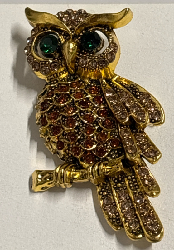 18K Golden Plated Elegant Owl Vintage Bohemian Style Brooch with Sparkling Apricot Rhinestones Large Emerald Green Rhinestone Eyes Approximately 2.5 Inch