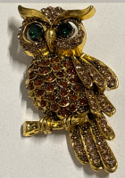 18K Golden Plated Elegant Owl Vintage Bohemian Style Brooch with Sparkling Apricot Rhinestones Large Emerald Green Rhinestone Eyes Approximately 2.5 Inch