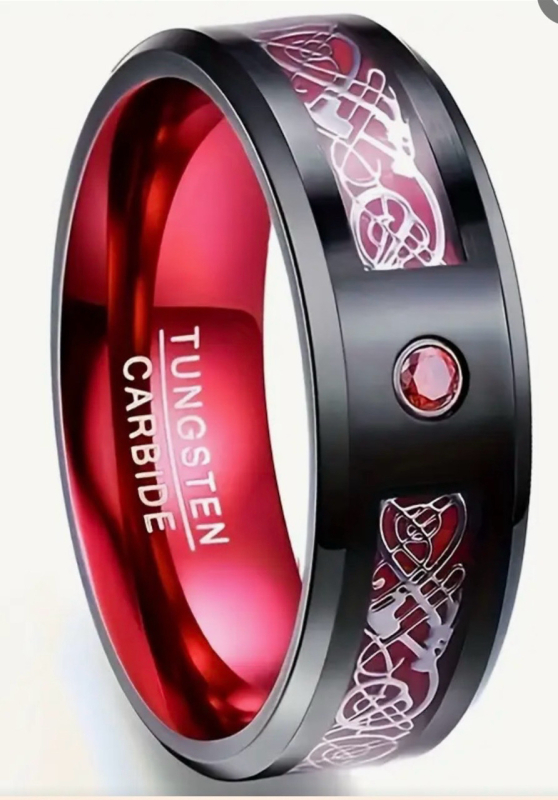 Black Tungsten Red Cubic Zirconia Steel 8mm Ring Beveled Edge Zirconia Dragon Inlay Size 9 Signed