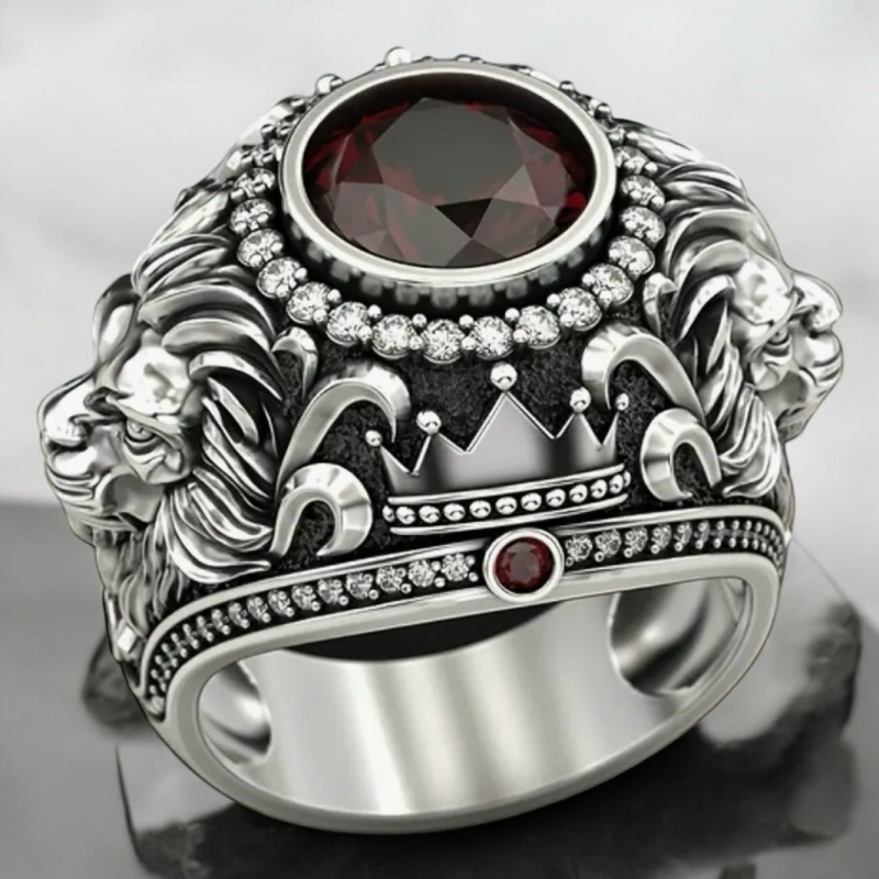 Vintage Lion Crown Ring with Red Gemstone & Sparkling Cubic Zirconia Size 8.5