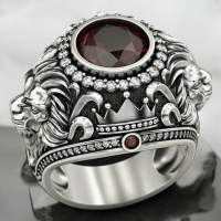 Vintage Lion Crown Ring with Red Gemstone & Sparkling Cubic Zirconia Size 8.5