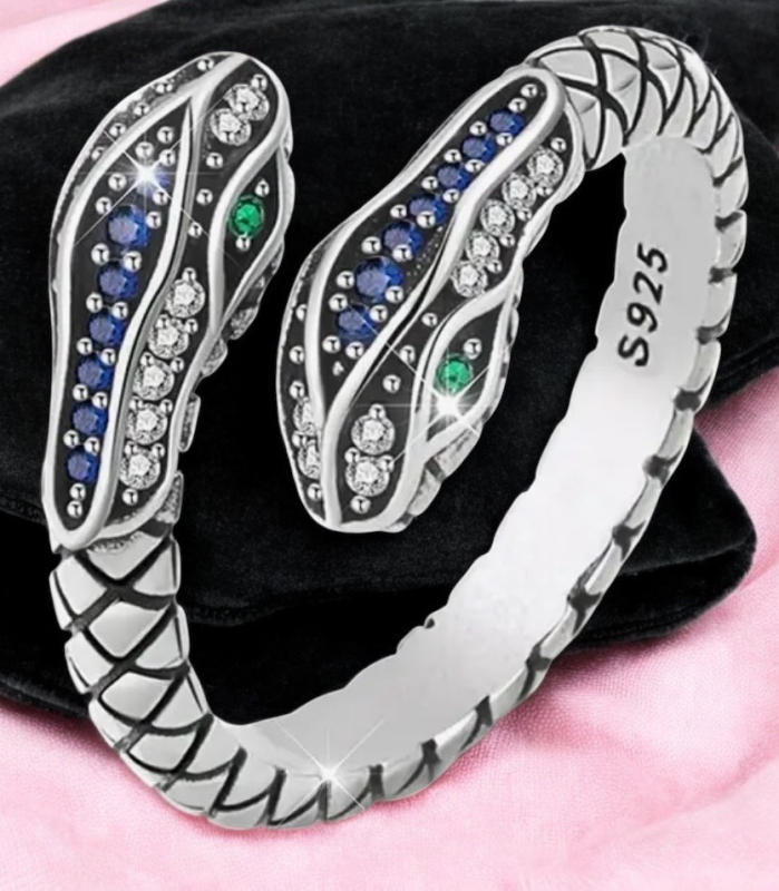 925 Silver Retro Minimalist Rhombus Snake Ring Green Zirconia Eyes Stamped Size 6.5 Adjustable