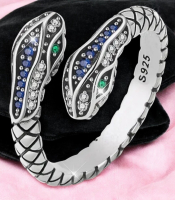 925 Silver Retro Minimalist Rhombus Snake Ring Green Zirconia Eyes Stamped Size 6.5 Adjustable