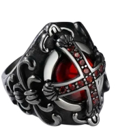 Gothic Cross Ring 304 Stainless Steel with Rhinestones Domed Detailed Cab Size 10