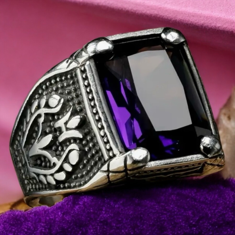 New 316L Stainless Steel Square Purple Stone Ring Rhinestone Sturdy Statement Size 10