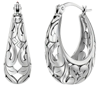 Sterling Silver Hoop Earrings S925 Sterling Silver Elegant Classic Style Cut Work Oval Approximately 1.05 x .25 Inch Stamped