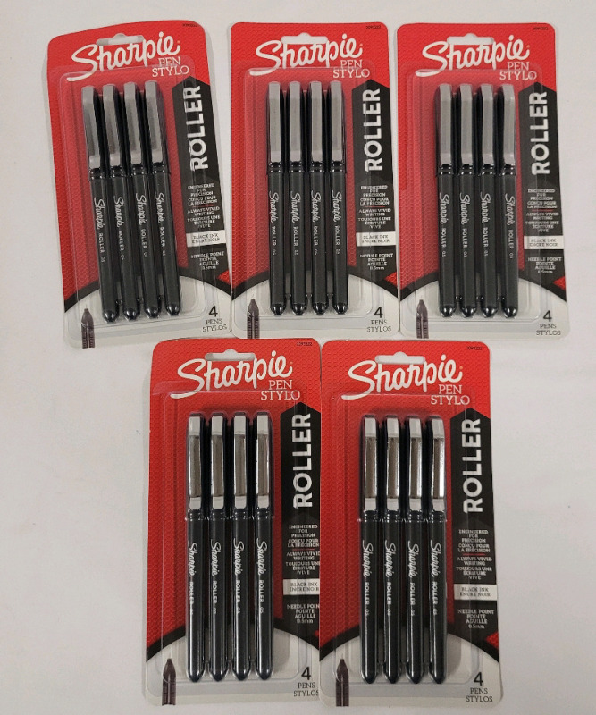 5-Packs New Sharpie Roller Pens , Black Ink . 5 Packs , 4 Pens per pack