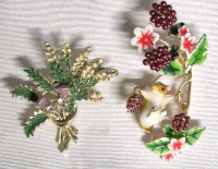 Vintage Exquisite Enamel Brooch of Lucky White Heather Flower 1.5" Long & Art Deco Style Mouse with Blackberries Brooch 2.25" Long